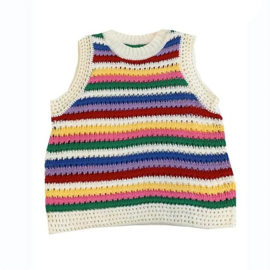 Korean Fashion Crop Sweater Women Vest Striped Casual Sweater Vest O Neck Open Sweater Vest For Women Luxury Designer Tops Knit