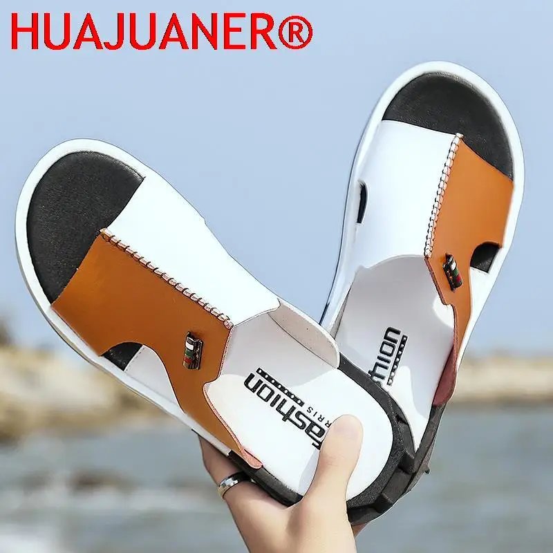 HUAJUANER Sandals Men Summer Slippers Fashion Peep Toe PU Flip Flops Shoes Male Outdoor Non-slip Flat Beach Slides Big Size