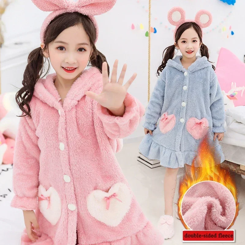 Pyjamas Girls Winter Robes Nightwear Kids Clothes Night-robe Thick Flannel Sleepwear Children Pajamas Bathrobe 6 8 10 12 Years