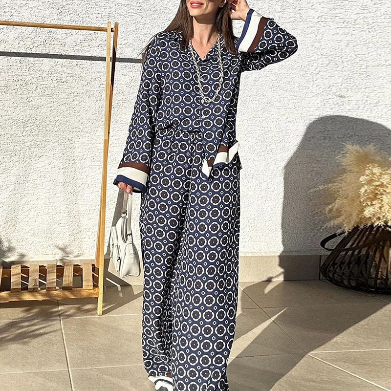 

Retro Printed Long Sleeve Shirt&Wide Leg Pants Suit Temperament High Waist Single Breasted Sets Fashion Casual Flip Neck 2pc Set