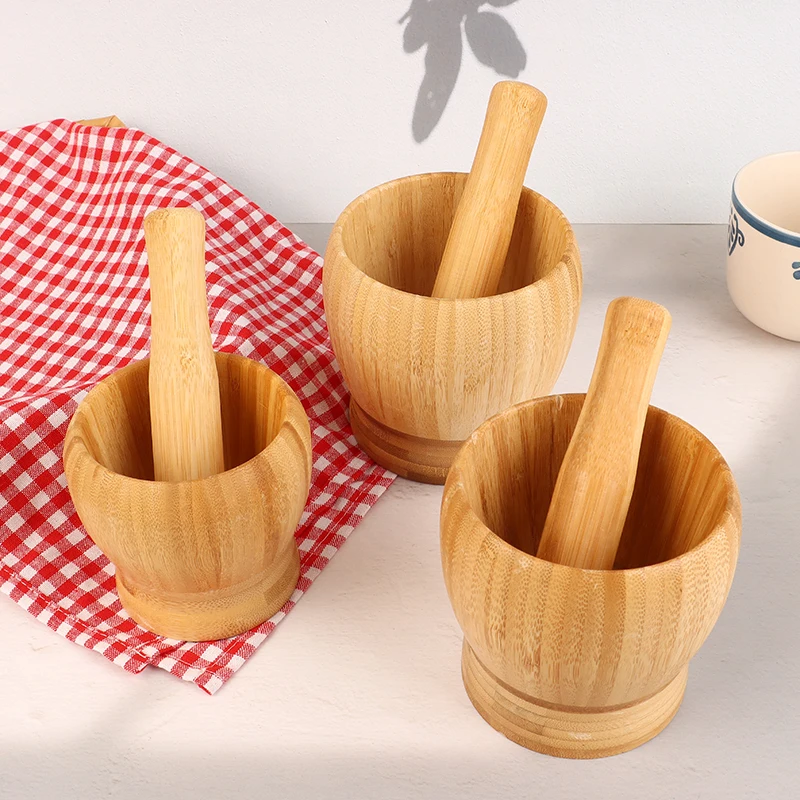 

Bamboo Mortar And Pestle Set Garlic Grinder Herb Spice Pepper Masher Seasoning Crusher Masher Kitchen Tool Grinding Bowl