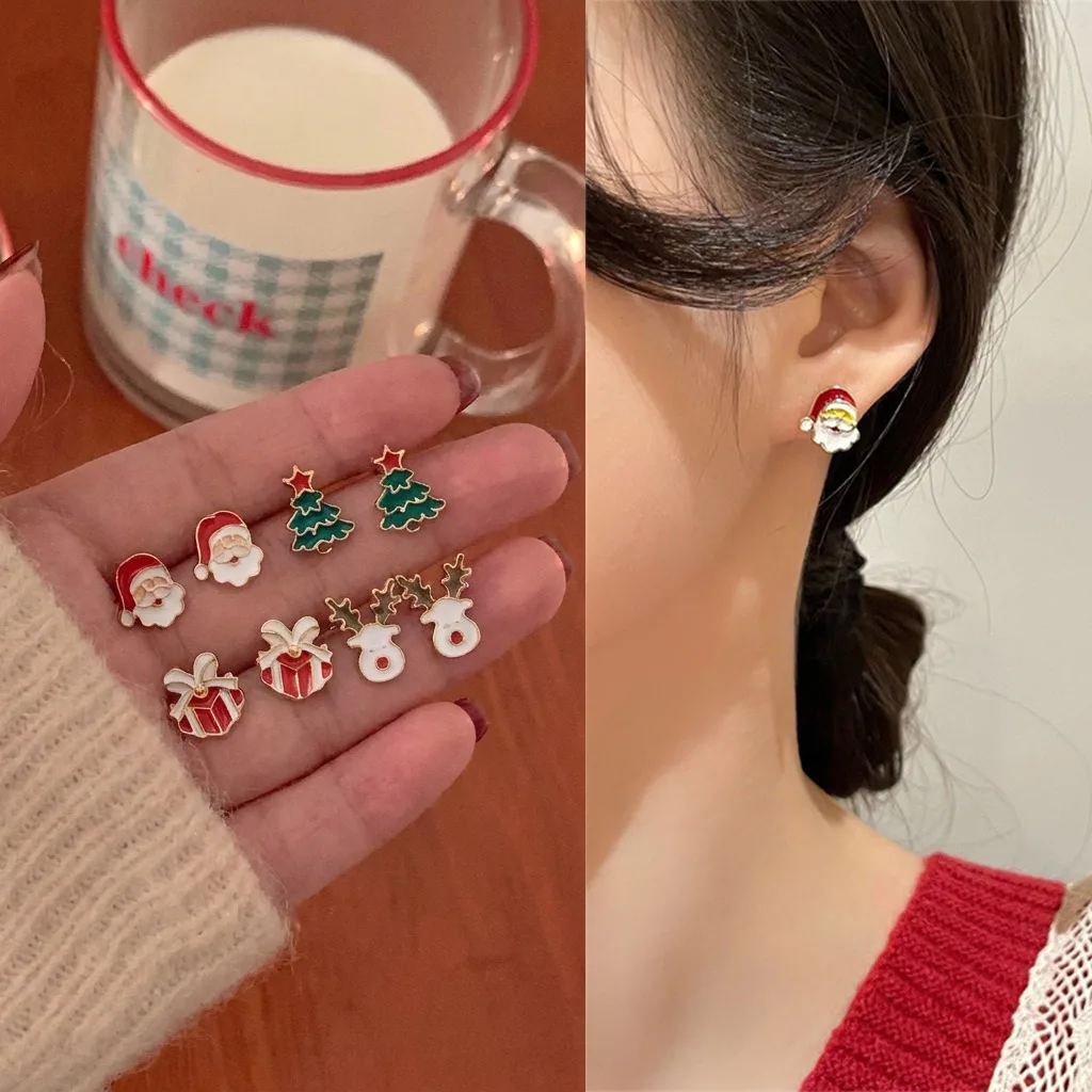 8-teiliges Set Kleine Weihnachtsmann- und Elch-Ohrstecker für Damen, Niedliche Weihnachtsgeschenkbox-Ohrringe, Neujahrs-Party-Schmuckgeschenk – Detail 1