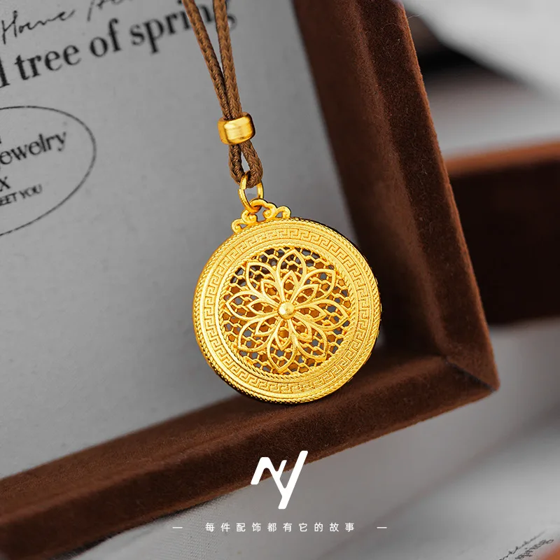 Zylax Jewelry Luxury 24K 9999 Pure Gold real gold Women's Hollow Filament Sunflower Diamond Pendant Necklace