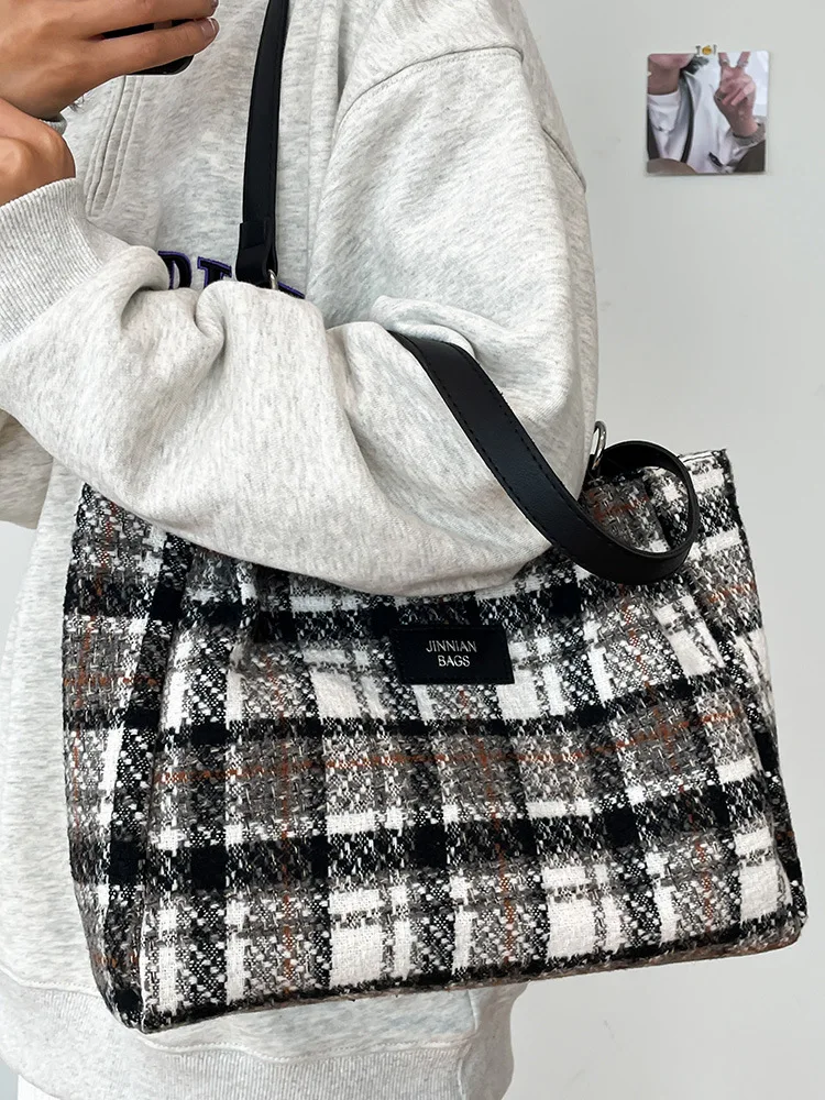 Women Girl Tweed Tartan Messenger Bag Plaid Check Shoulder Bag Hand Tote Trendy Large Capacity