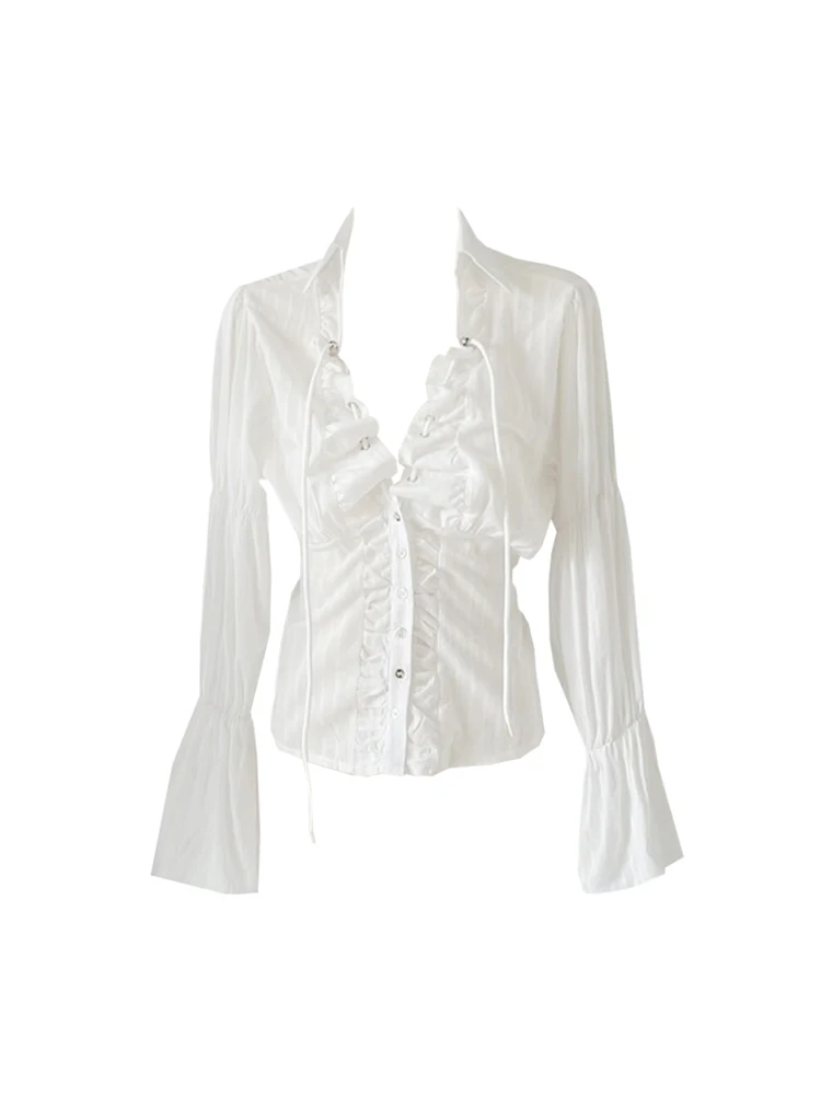 Primavera feminino francês preguiçoso estilo lapela camisa de cor sólida vintage manga comprida blusa monobreasted design elegante maré clássica