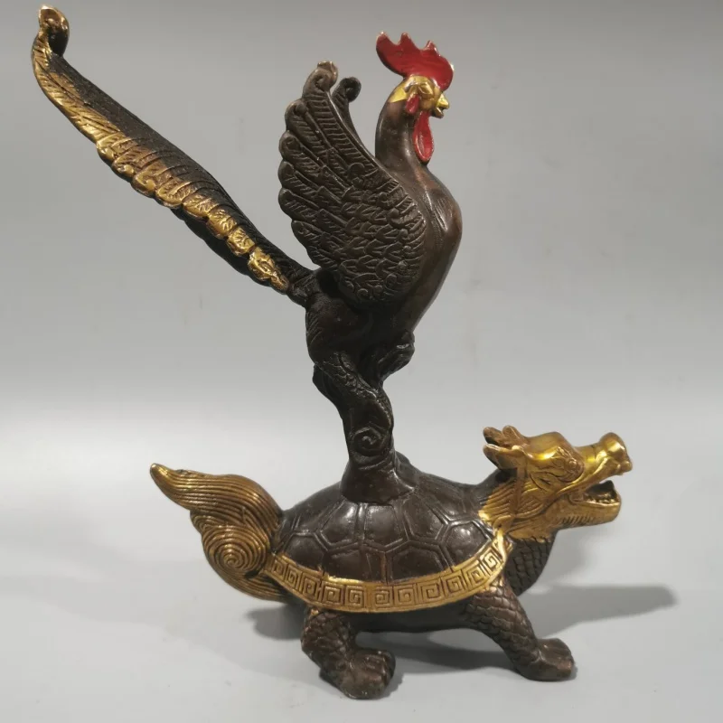 

Antique Bronze Red Copper with Gilding GOLDEN ROOSTER Step Dragon Turtle Take the Lead Home Decoration Technology Antique Collec