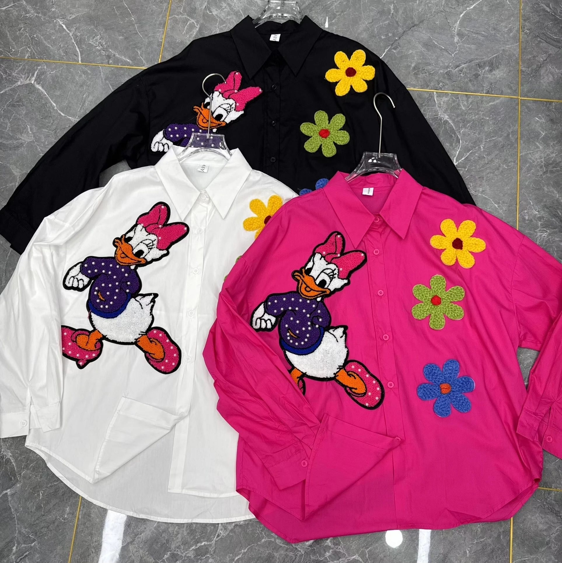 2025 Summer Loose Color Block Cartoon Top European Style Cartoon Duck Patch Embroidery Long Sleeve Shirt for Women