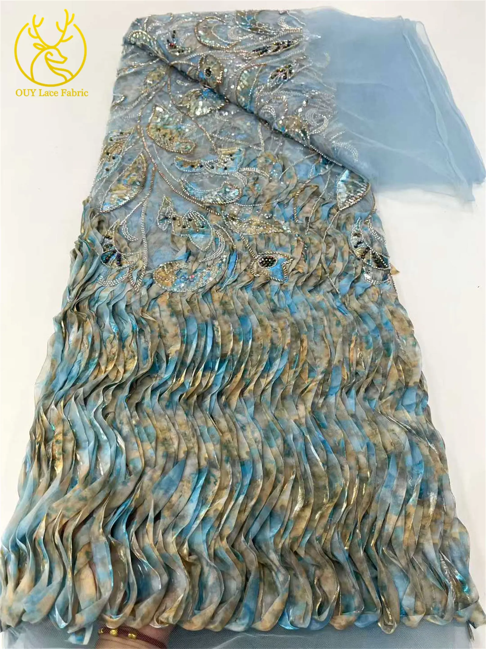 アフリカナイジェリアパープル3Dレース生地、高級ビーズスパンコール刺繍入りウェディングパーティードレス用新郎向けレース生地