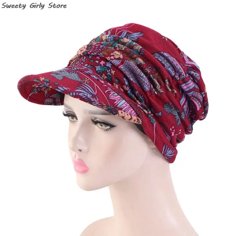 Ethnic Style Earflap Hat Women Floral Pleated Visors Caps Windproof Warm Turban Hats Comfortable Beret Cap Foldable Headwear