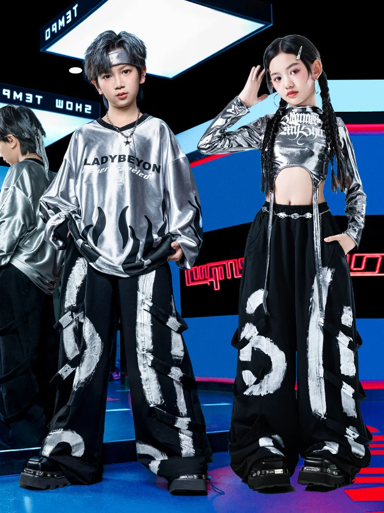 Dziecięca odzież Kpop Hip Hop Szara bluza z płomieniami Krótki top Graffiti Spodnie dresowe na szelkach dla dziewczynki i chłopca Stroje do tańca ulicznego