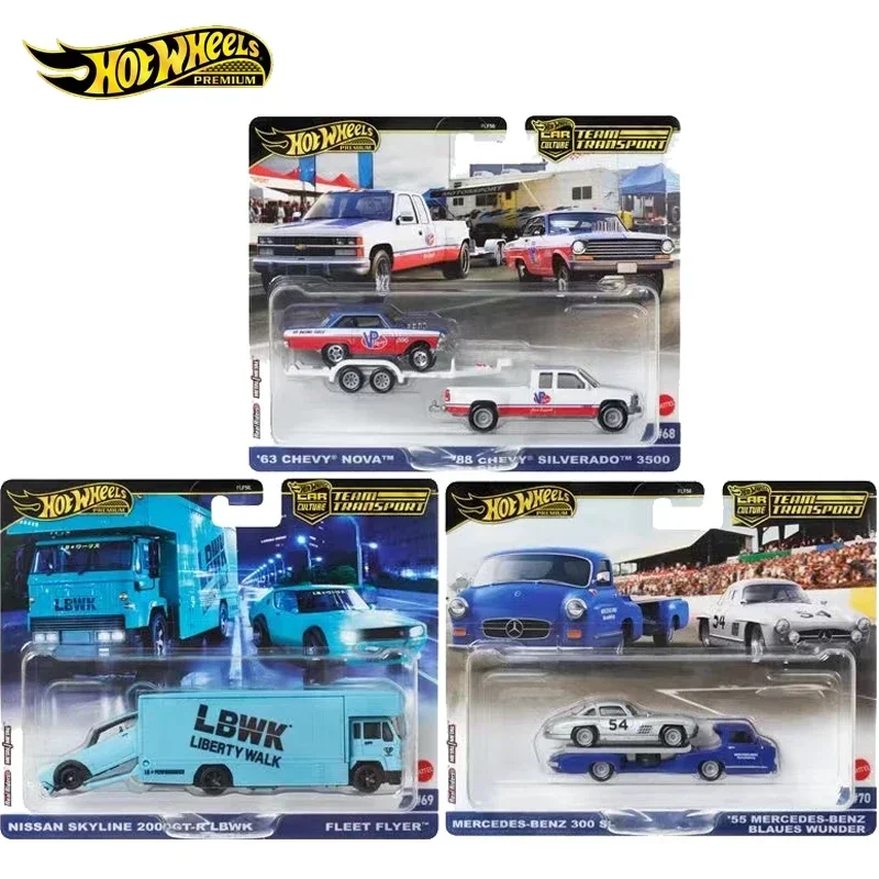 Original Hot Wheels Premium Car Culture Team Transport Toy for Boy Nissan Skyline 2000GT-R Fleet Flyer Chevy Nova Silverado Gift