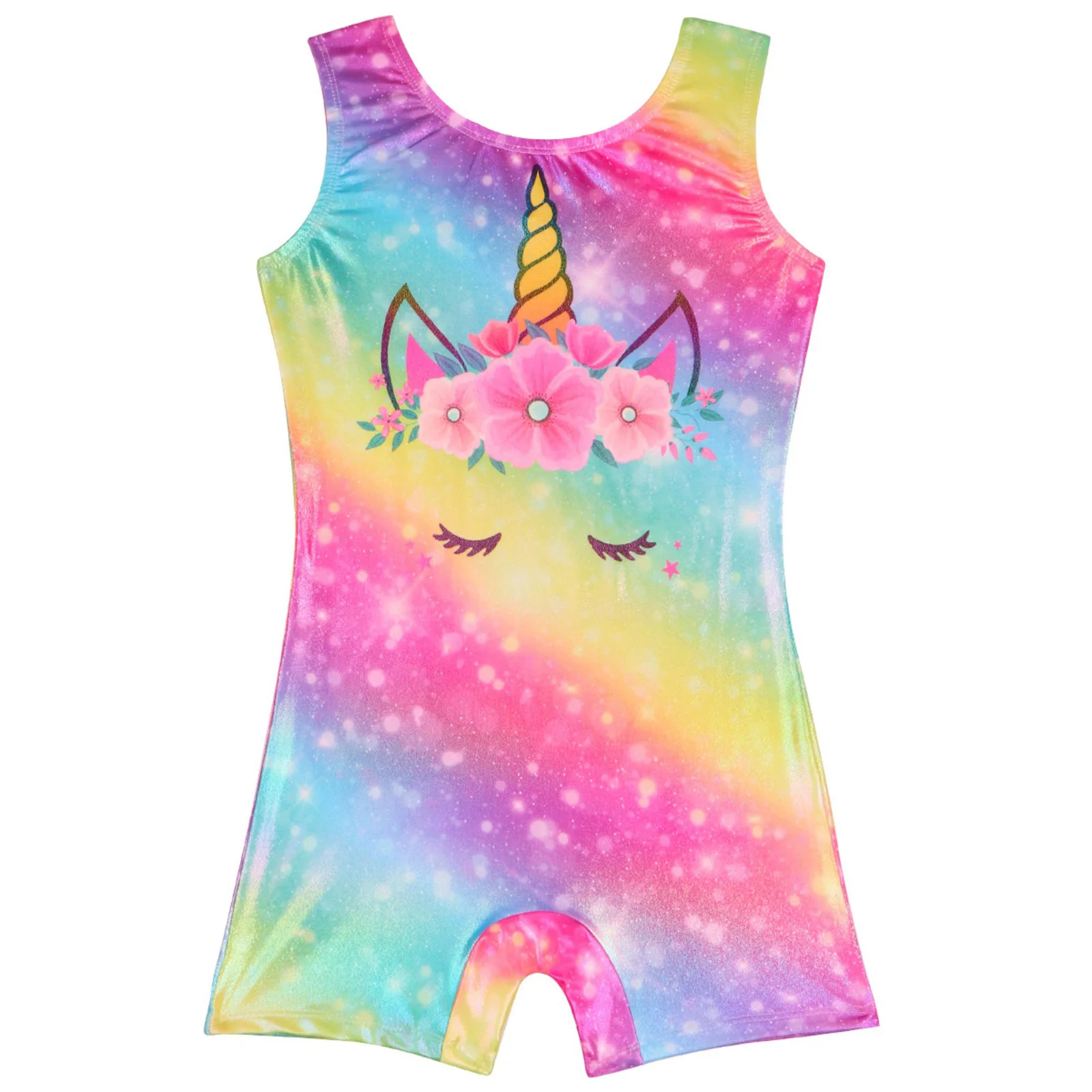 

Kids Girls Summer Casual Clothing Shimmery Sleeveless Gymnastics Jumpsuit Contrast Color Printed Bodysuit with Hair Tie Headwear