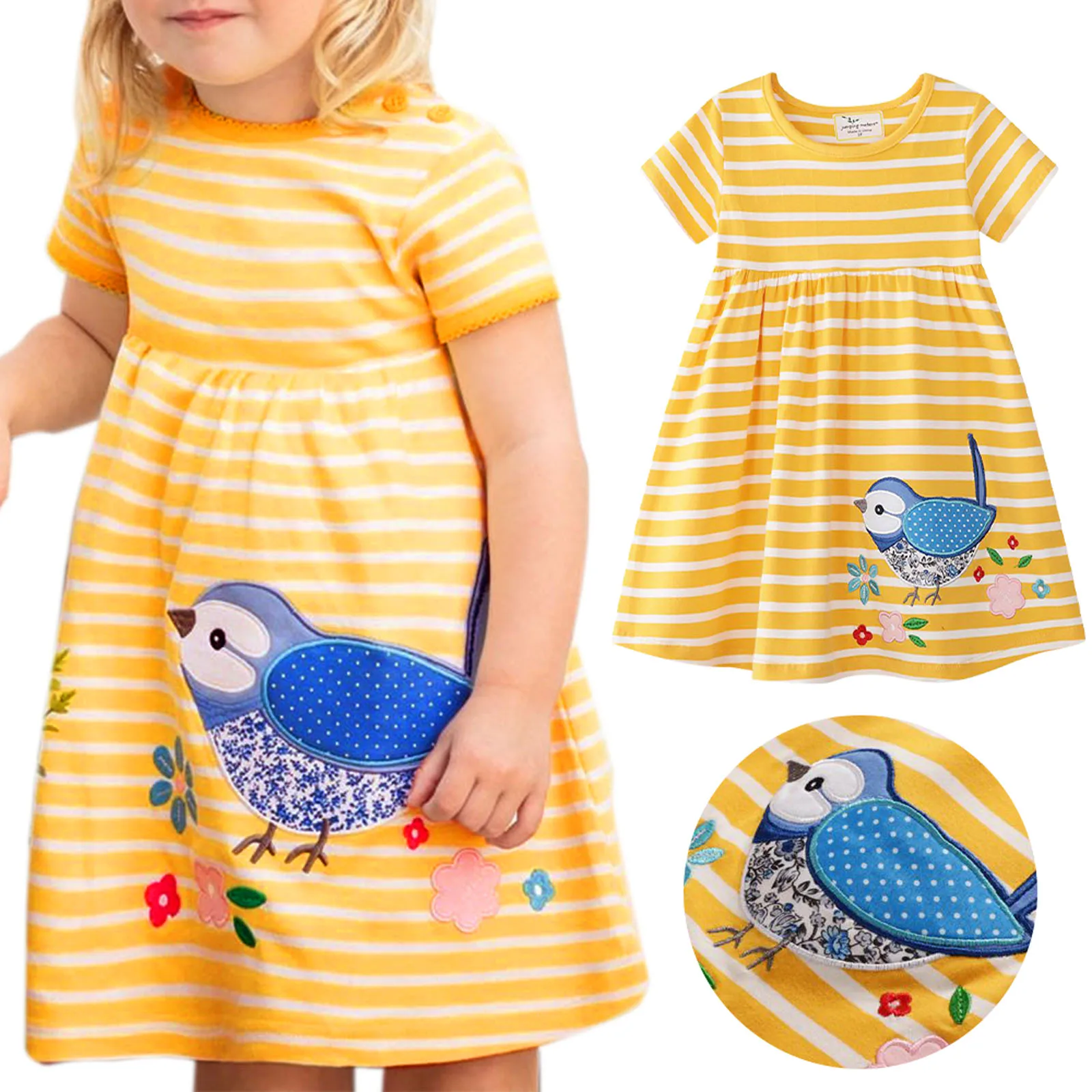 Toddler Girls Kids Children Summer Holiday Beach Mini Dress Bird Print Short Sleeve Crew Neck Loose Toddler Girl Casual Dresses