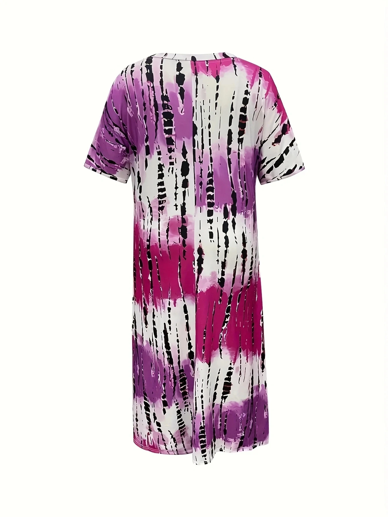 Plus Size Ombre Print Split Tee Dress, Casual Longline Short Sleeve V Neck Dress For Spring & Summer, Women\'s Plus Size Clothing