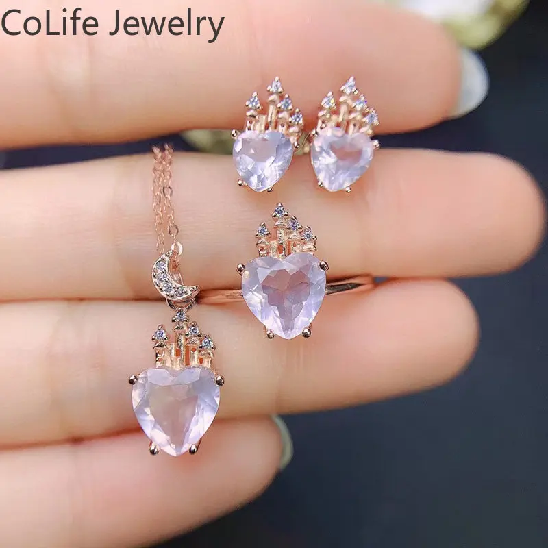 

Fairytale Silver Castle Jewelry Set Total 4.6ct Natural Rose Quartz Ring Earrings Pendant 925 Silver Heart Gemstone Jewelry Set