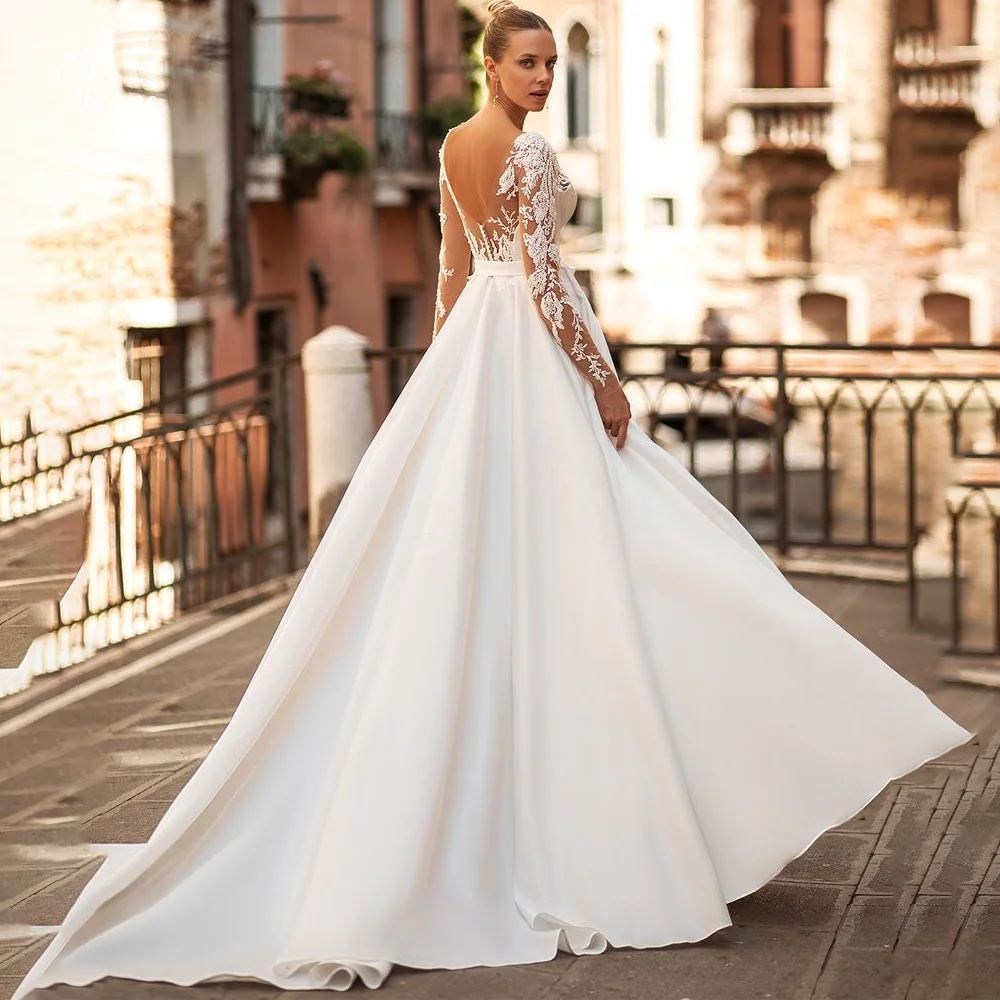 Sirene Einfache Moderne V-ausschnitt Spitze Lange Ärmel Illusion Satin Brautkleider mit Hohem Schlitz Elegante Vestidos De Novia Angepasst