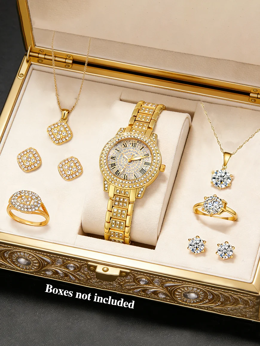 

Модные круглые женские кварцевые часы и набор украшений с полыми вставками, универсальный подарок на день рождения, элегантный комплект аксессуаров без коробки