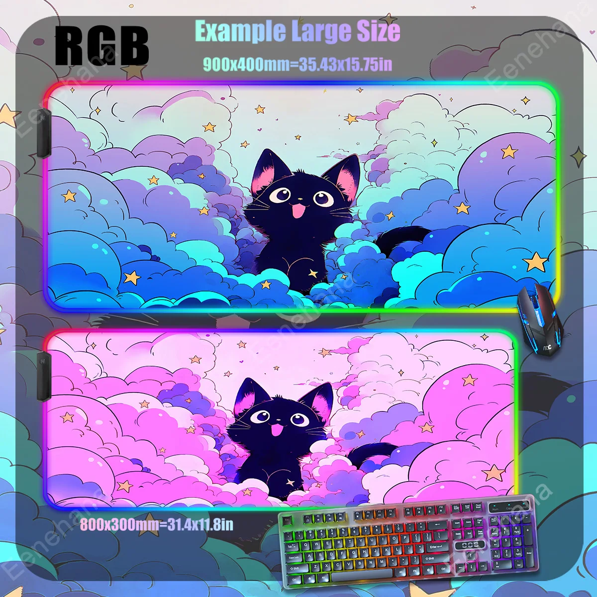 Imagem -03 - Grande Mouse Pad Kawaii com Retroiluminação Rgb para Mulheres Almofadas de Mesa Gato Preto Tapete do Computador de Escritório pc Gamer Nuvem Rosa Estética Menina