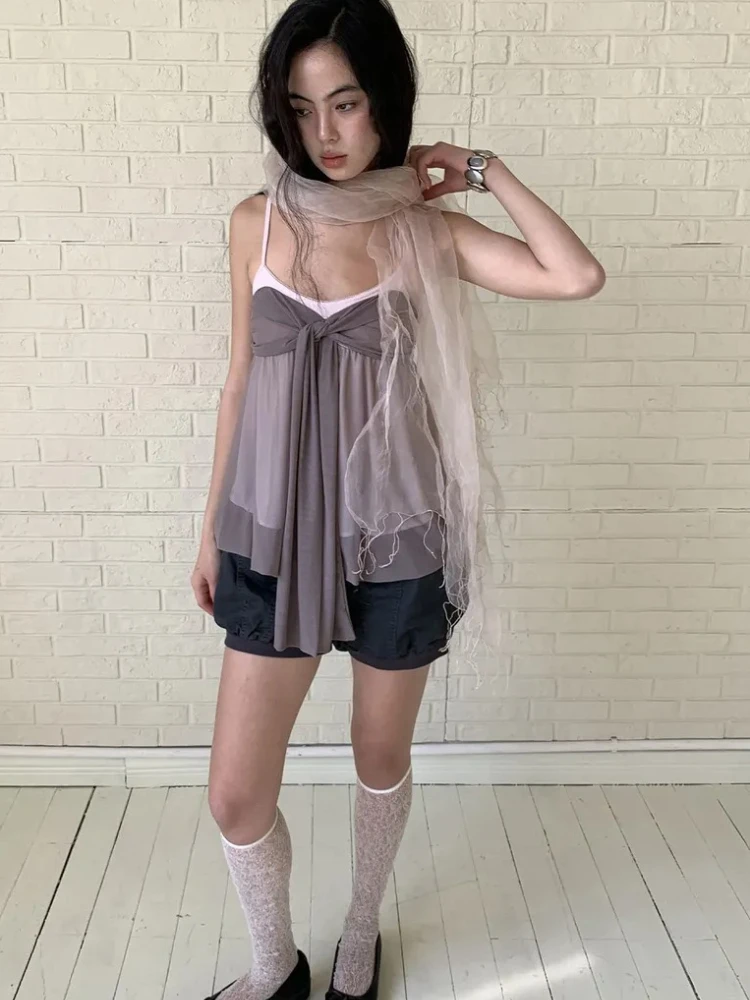 Coquette Elegant Mesh Patchwork Twist Knot Cami Tops Women Spaghetti Strap Irregular Hem Summer 2026 Slim Fit Casual Daily Wear