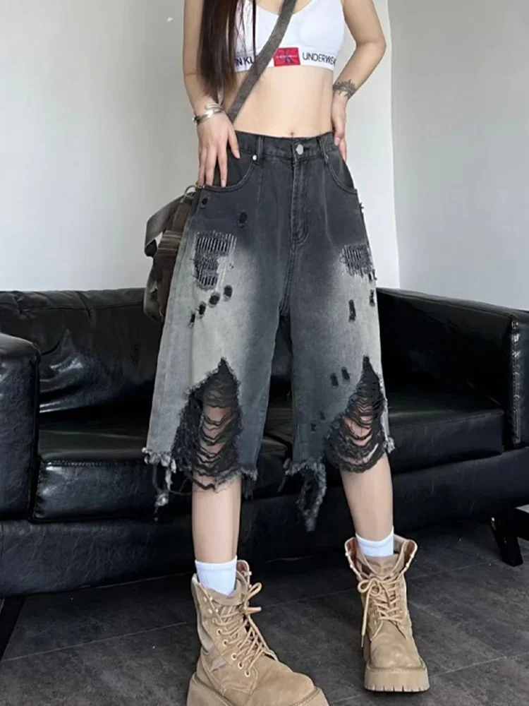 Hole Y2K Denim Shorts Women Streetwear Vintage Gradient Jeans Shorts American Retro Bf Hip Hop Design Shorts New XT1321