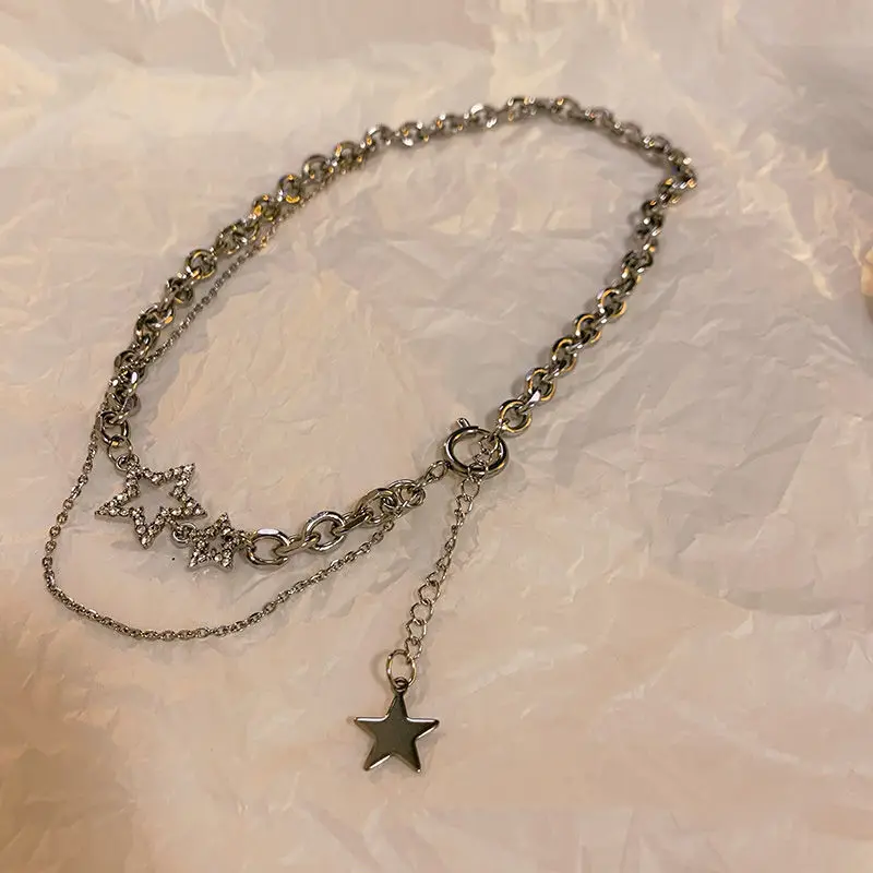 2023 New Fashion Shiny Star Layered Tassel Choker Necklace Y2k Jewelry Women Pentagram Silver Color Chain Zircon Charm Necklaces