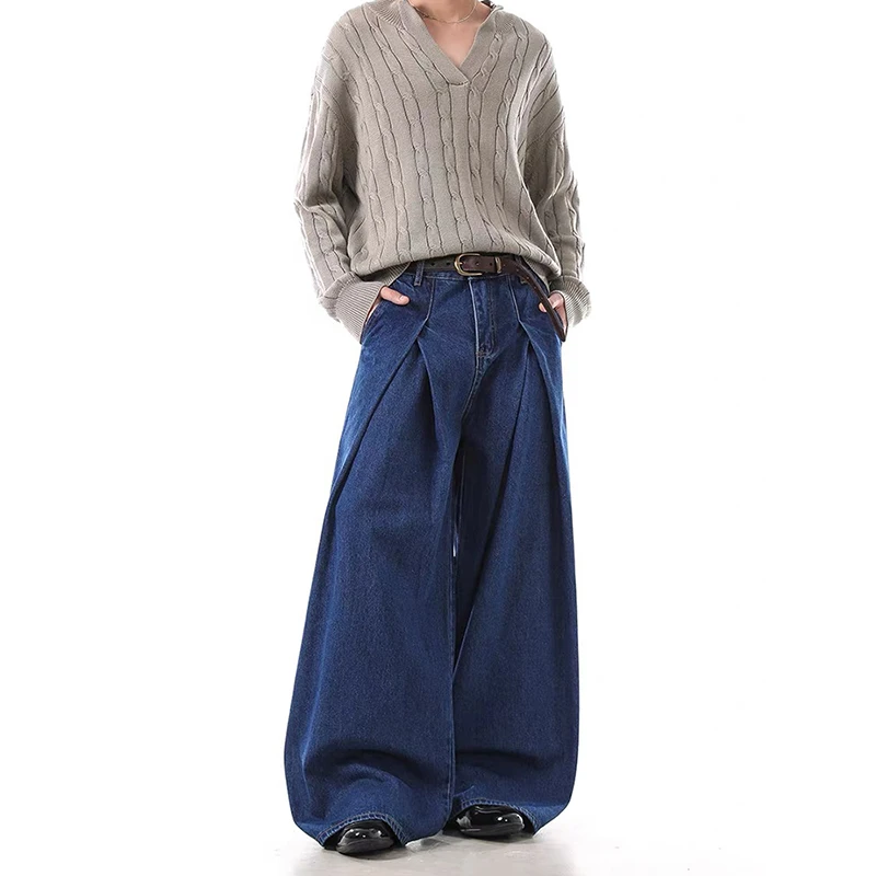กางเกงยีนส์ทรงหลวมสีน้ำเงินเข้มสไตล์วินเทจ Y2K ของผู้หญิง ZHIZOU กางเกงยีนส์เดนิมสไตล์ฮาราจูกุแบบญี่ปุ่นยุค 2000 เอวสูงทรงโอเวอร์ไซส์