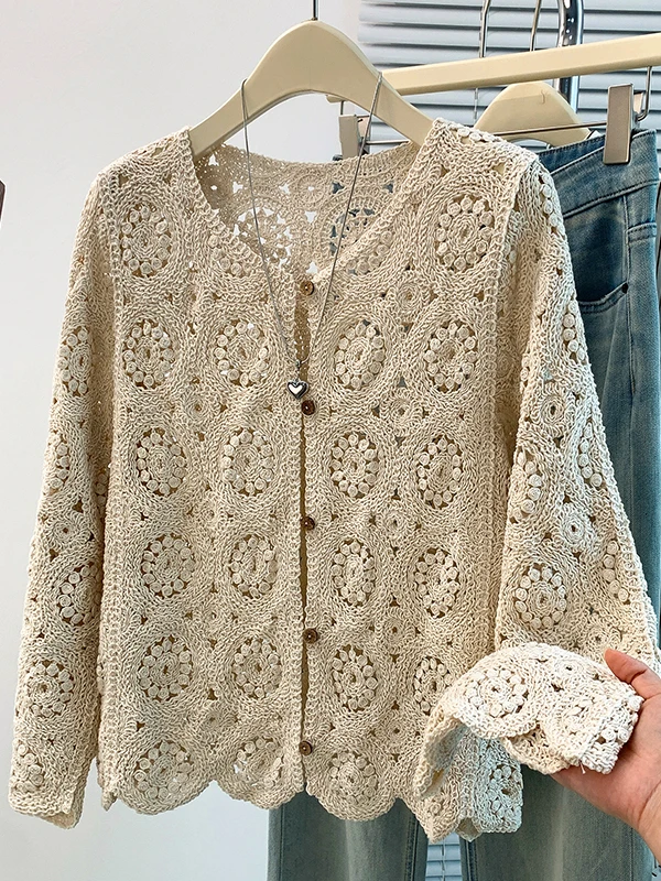 Ageless Lace Hook Flower Cardigan Outerwear Top T-shirt Universal Style Autumn New Arrival Ladies Fashion Linen Long Sleeve r...