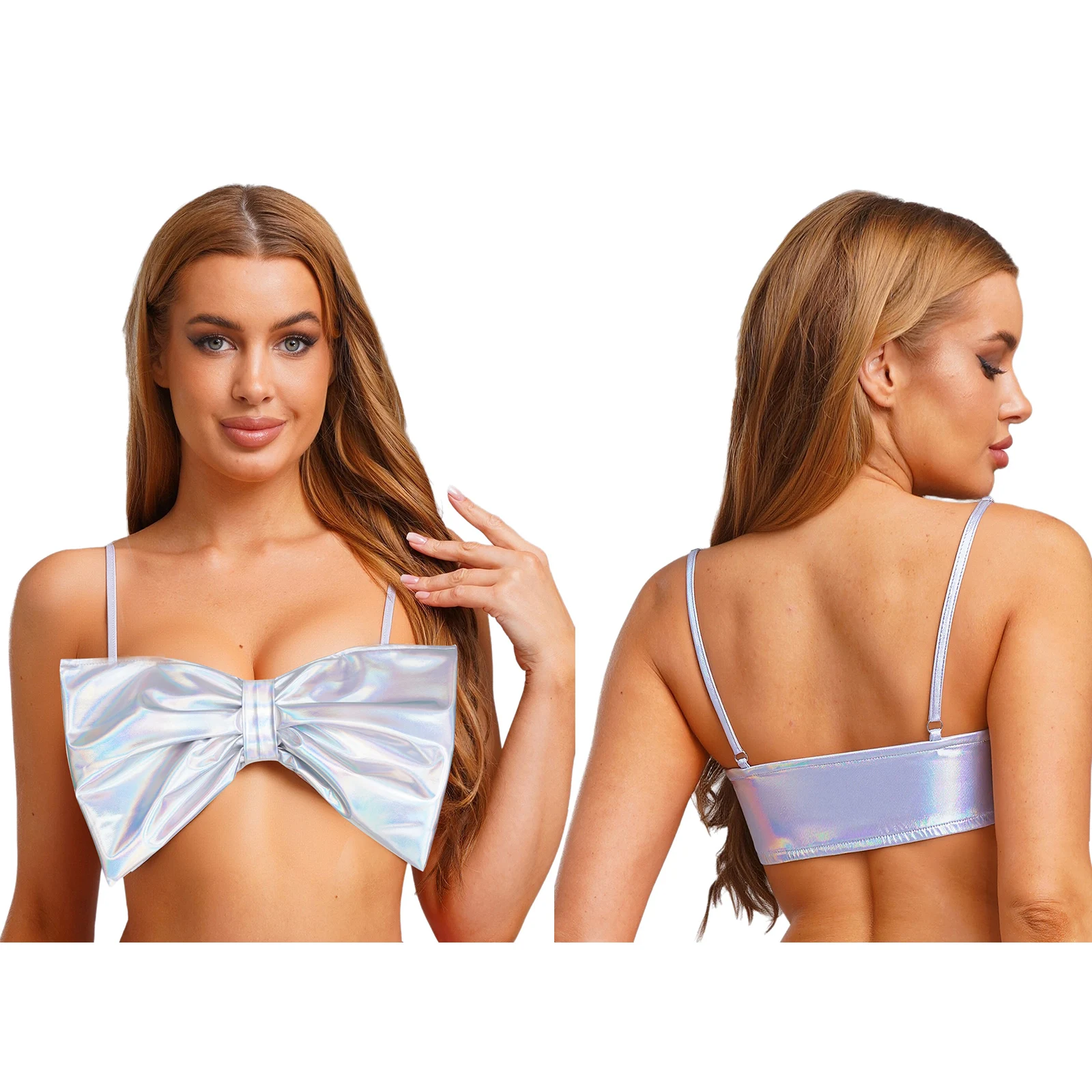 

Женский жилет с высоким воротником и большим бантом, майки, металлические стильные майки, блестящие топы, жилет для Raves, рок-музыка, вечерние танцевальные укороченные топы