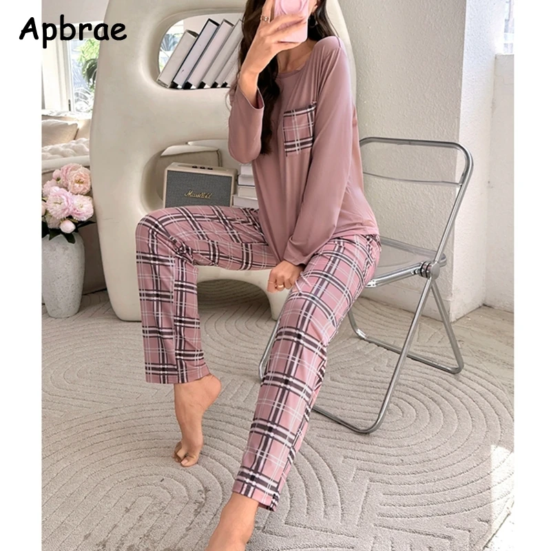 Autumn Winter Pajamas for Women Long Sleeves Plaid Pants Pijamas Woman Milk Silk Round Neck Homewear Girls Nightwear