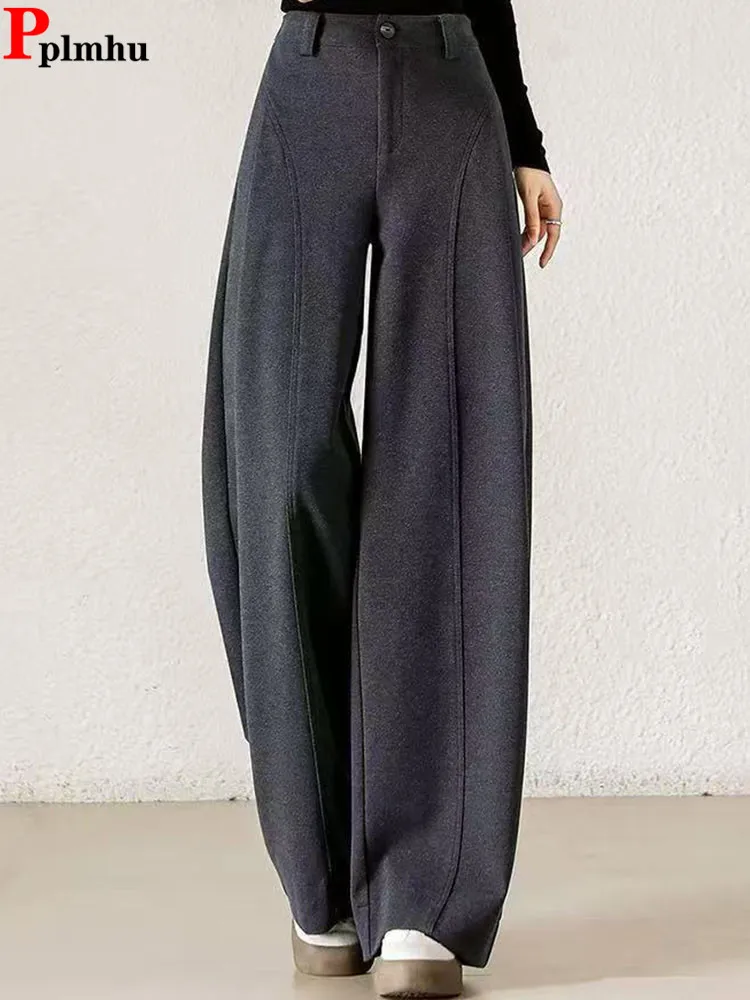 خريف شتاء سميكة مستقيم السراويل النساء عادية عالية الخصر الصوفية واسعة الساق Pantalones الكورية موضة فضفاضة الصوف مزيج Spodnie جديد #1