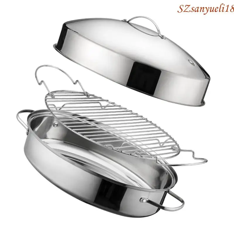 

94PC Oval Steaming Pot Stainless Steel Roasting Pan with Handle Kitchen Accessories