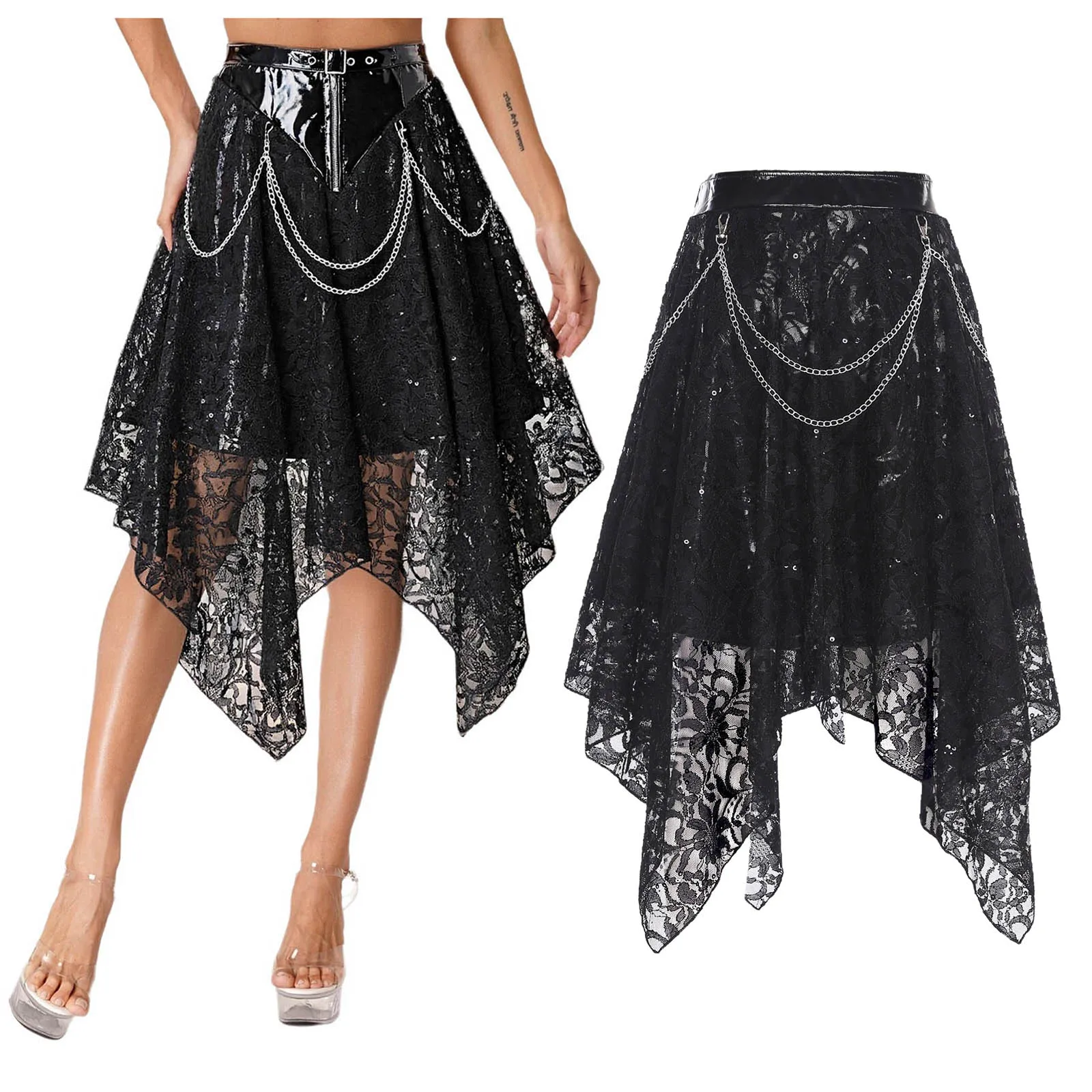 

Женская стильная кружевная юбка в стиле стимпанк в готическом стиле, средневековая кружевная юбка с цветочным принтом и цепочками, юбка с рюшами для тематической вечеринки, маскарада, танцевальная одежда