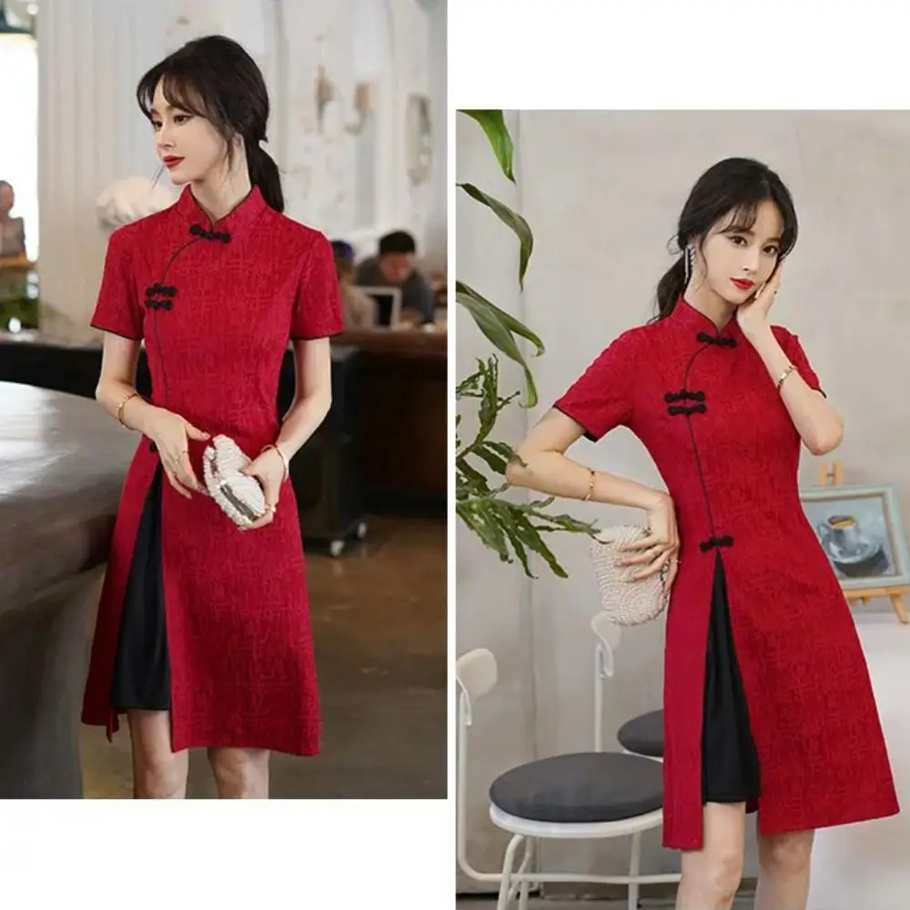 

Short Pattern Short Sleeve Qipao Dress China-Chic Vintage Traditional Chinese Dress Long Fork Plus Size Cheongsam Summer