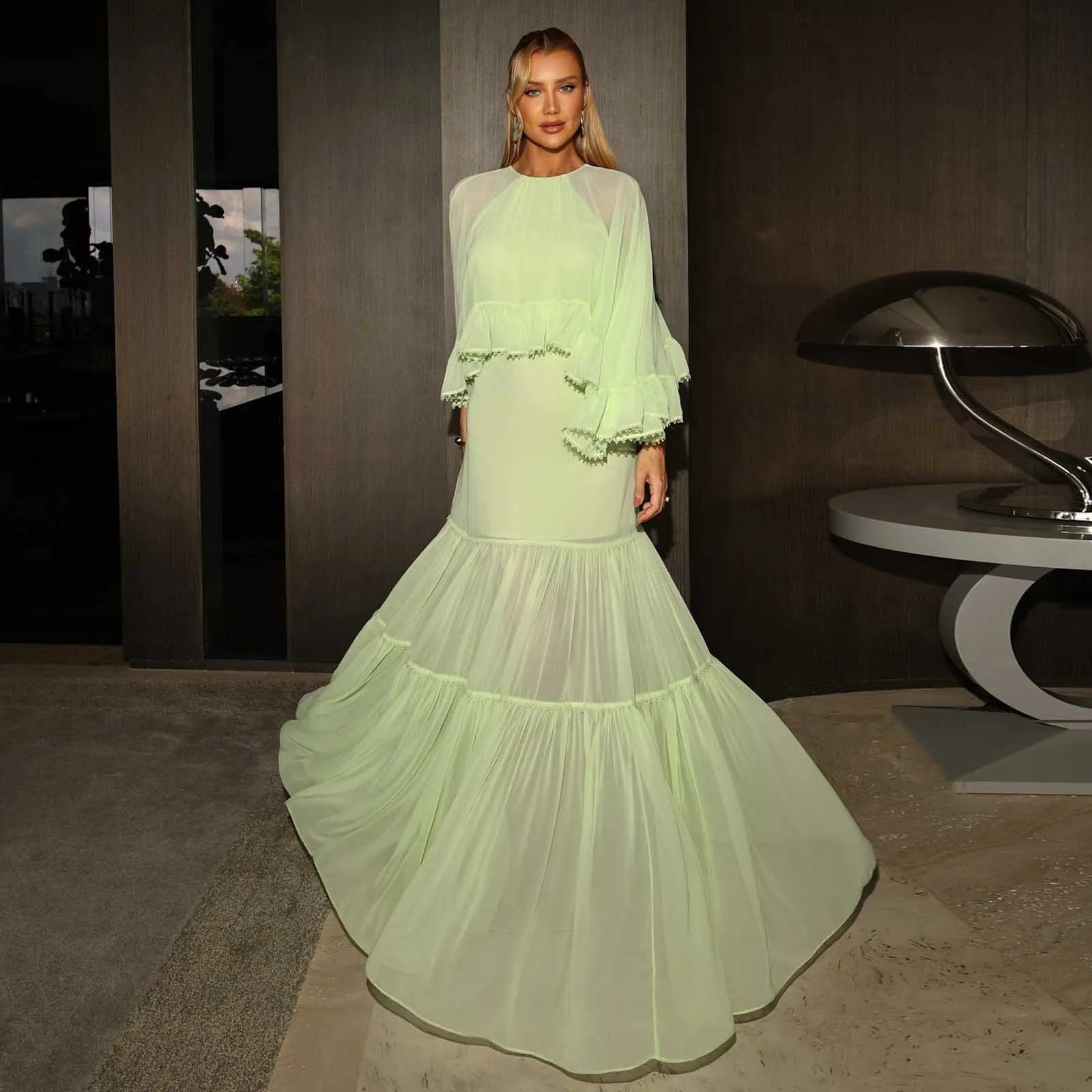 

Charming Green Chiffon Prom Maxi Dress Formal Occasion Dresses with Shawl Women Holiday Birthday Party Dress Gala Gown