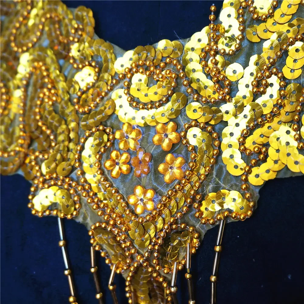 Gold Sequin Fabric Collar Beads Embroidered Gown Appliques Flora Sew On Patches For Wedding Decoration Dress DIY