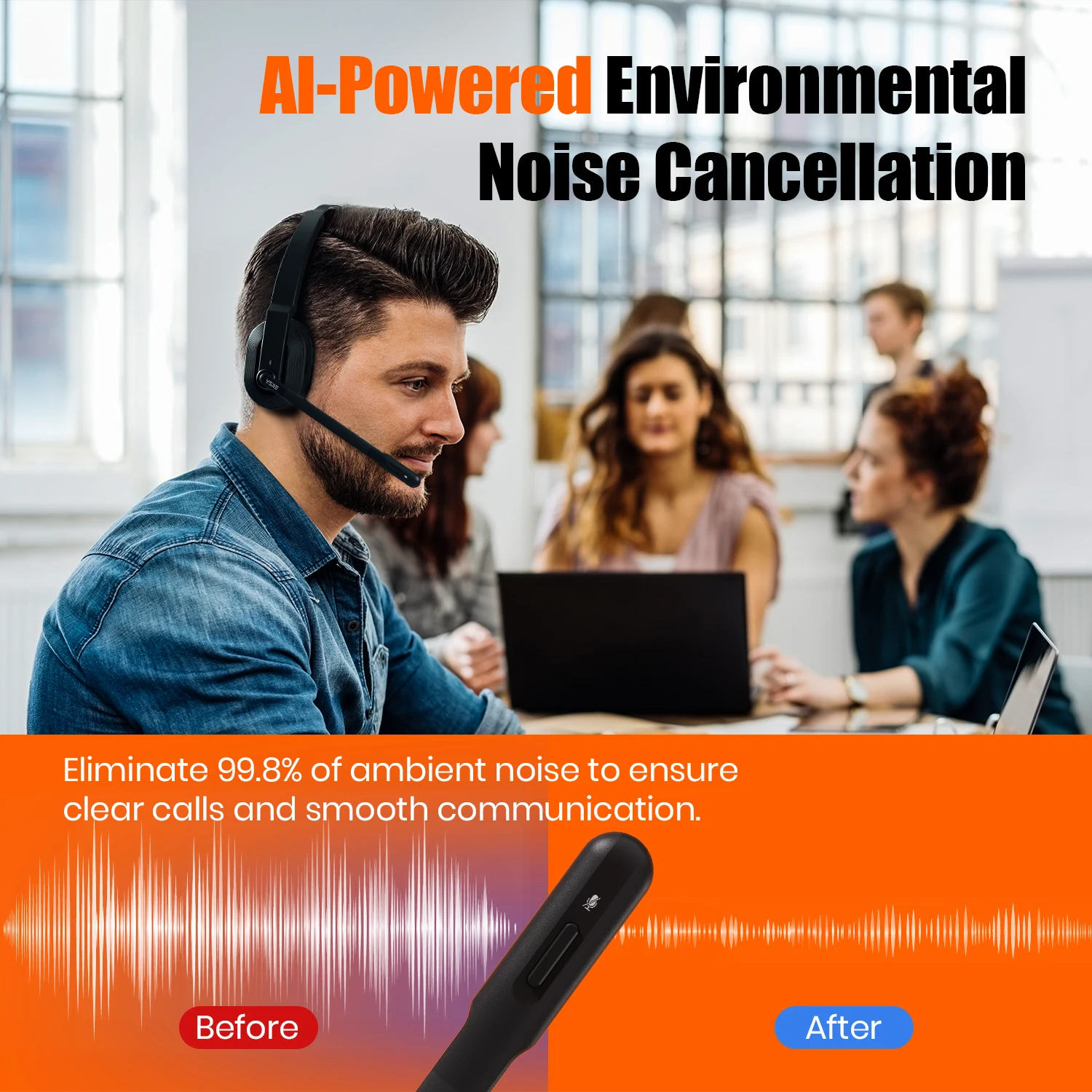 EKSA-H5 SE Bluetooth 5.0 Office Headset Wireless Headphones With ENC Noise Cancelling Mic For Driver Call Center 45h Playtime