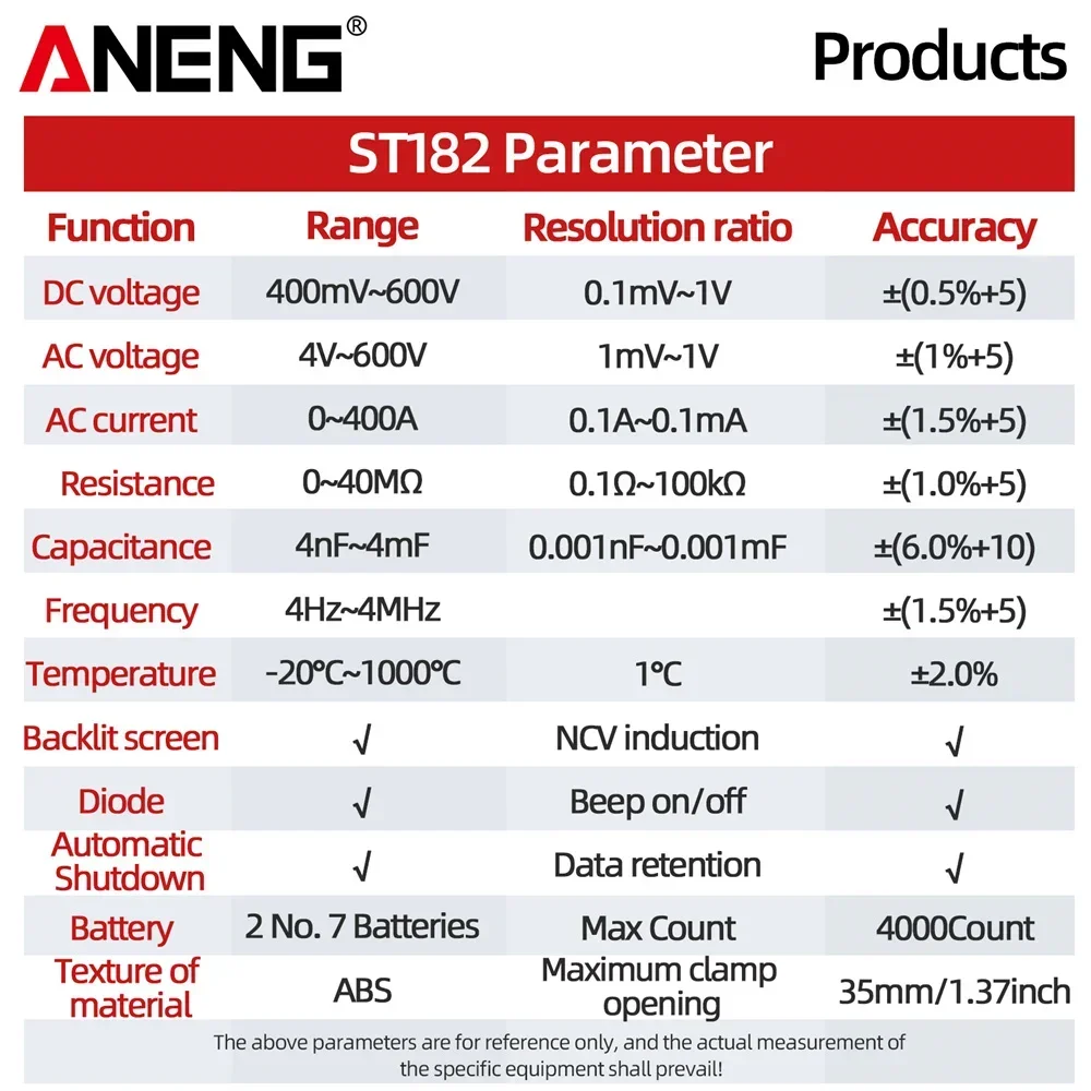 ANENG ST182 Digital Clamp Meter Multimeter  4000 Count AC/DC Voltage Ammeter Tester Amp Hz Capacitance NCV Ohm Test Tools