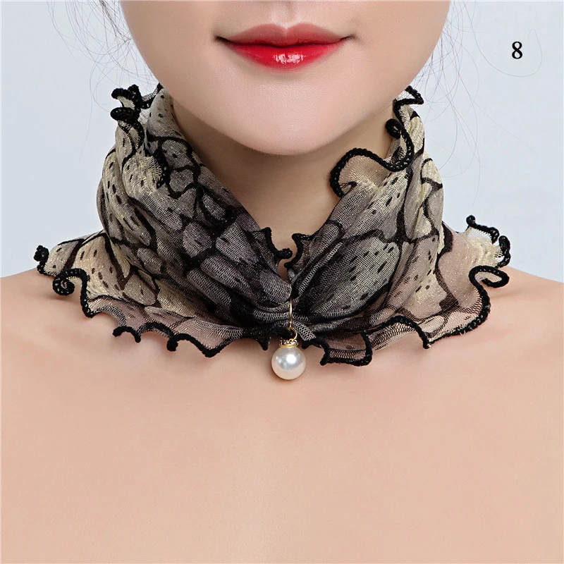 Women Organza Neck Collar Scarf Ruffle Lace Scarf Pearl Elegant Pendant Chiffon Scarves Bandana Elastic Headband Multi-Function