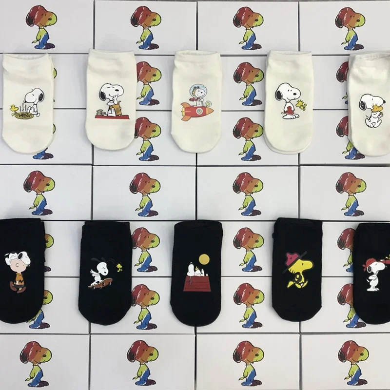 5 Pairs Snoopy Women Socks Cartoon Combed Cotton Breathable Men Short Boat Sock Casual Ladies Shallow Mouth Invisible Ankle Sock