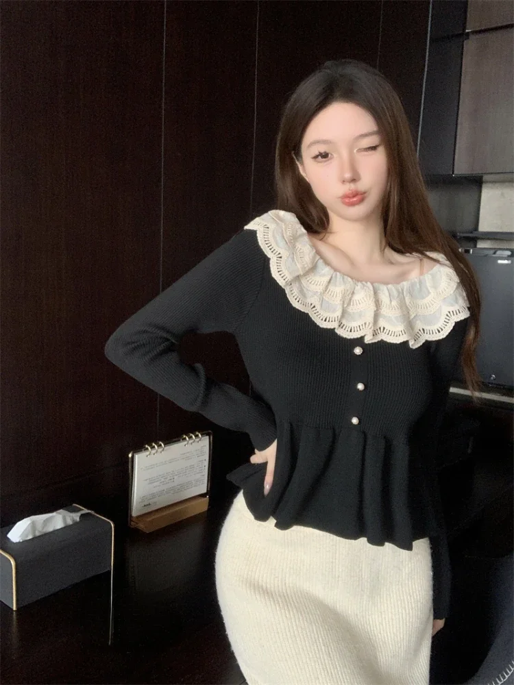 Winter Clothing Sweet Sweater Women 2024 Ropa Mujer Elegant Ruffles Y2K Jumper Pull Femme Lace Patchwork Knitted Pullovers Tops