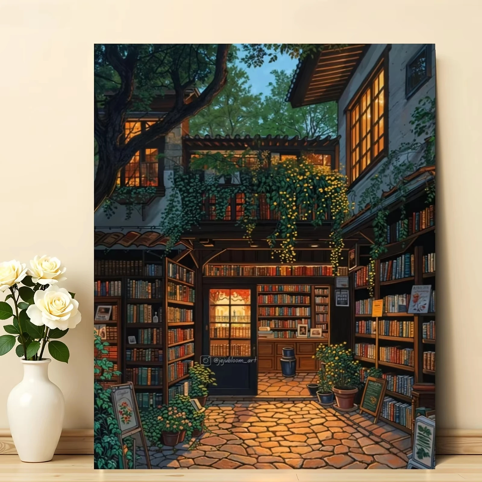 Digital Diamond Painting By Numbers Literary Style Courtyard Bookshelf DIY Diamond Art Wall Decor for Game Room or Living Room