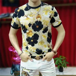 Luxury Thread Ice Silk T-shirt Men Summer Short Sleeve Retro Floral Print Casual Slim Round Neck T-shirts Social Party Tee Tops