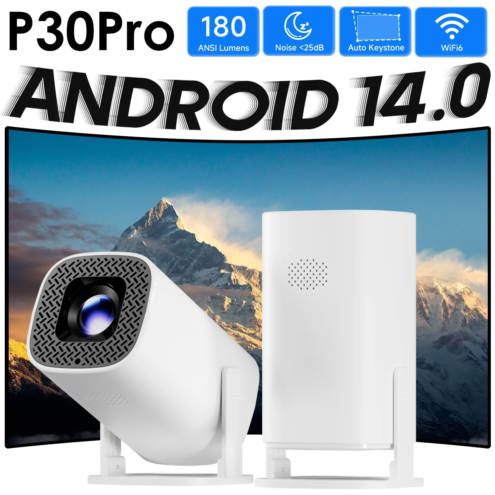 

Проектор P30PRO с поддержкой дублирования экрана 1080p*720p, 4K, Android 14, WiFi6, для умного домашнего кинотеатра, портативный, для улицы