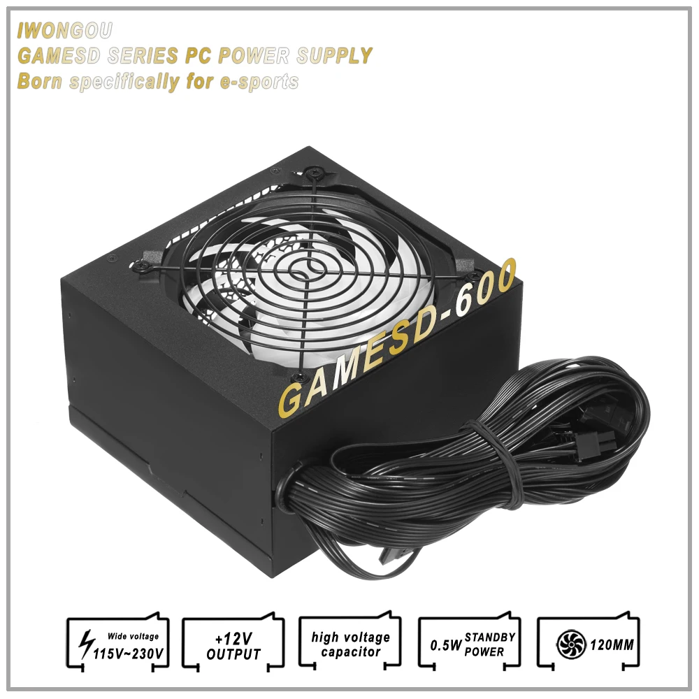 IWONGOU-مزود طاقة للكمبيوتر الشخصي للألعاب المكتبية ، GAMESD600 PSU ، من من 24Pin كحد أقصى ، 12V Atx Fonte ، W Max ، خط الكمبيوتر