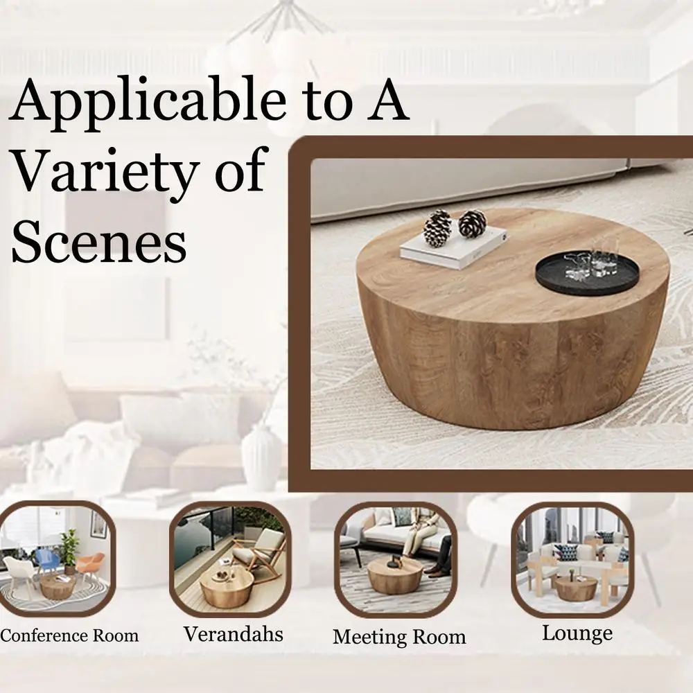 Modern Coffee Table Rustic Center Table with Metal Leg for Living Room, Reception Room, Office (Wood, Round)