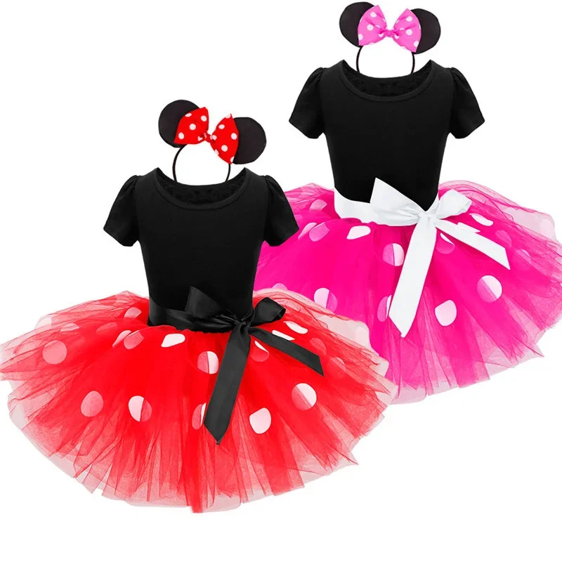 Kids Dresses For Girl Birthday Easter Cosplay Minnie Mickey Mouse Dot Dress Short Sleeve Baby Costume Girls Clothes + Headband