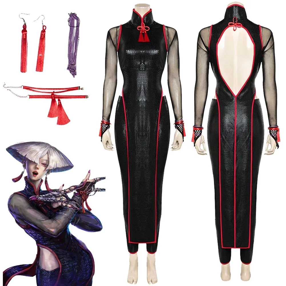 

AKI Cosplay Fantasy Anime Fighter Game SF Disguise Costume Adult Women Earrings Cheongsam Outfit Halloween Roleplay Clothes