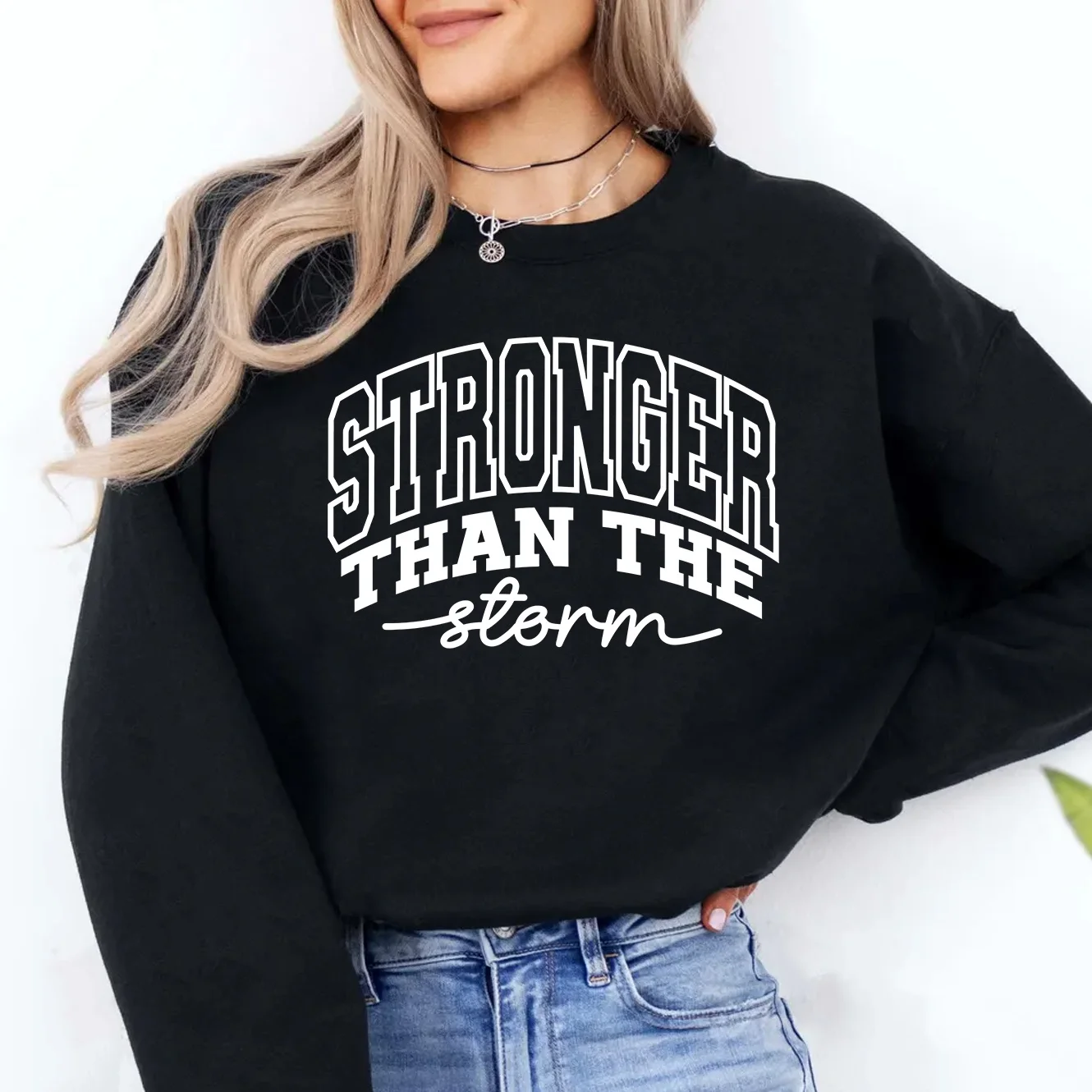 

Stronger Than The Storm Letter Printing Tracksuit Women Retro Tops Fashion Casual Sweatshirt Autumn Round Neck Warm Sportswear