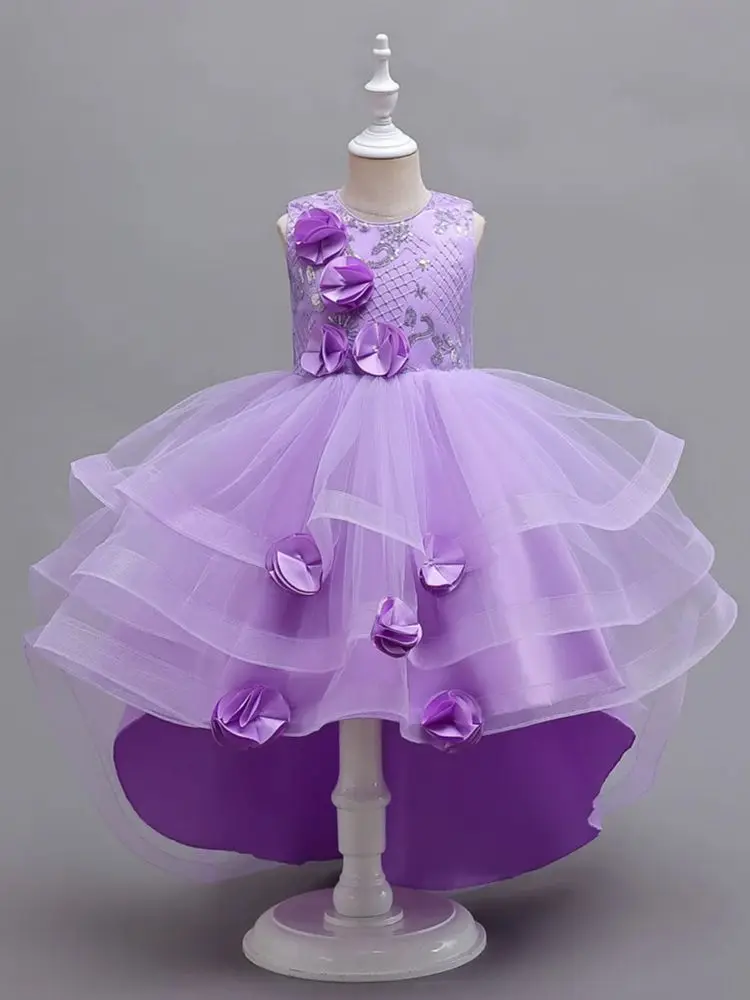 New PUrple Flower Girl Princess Tail Dress for   3 to 12 Year KID Birthday Party Dresses