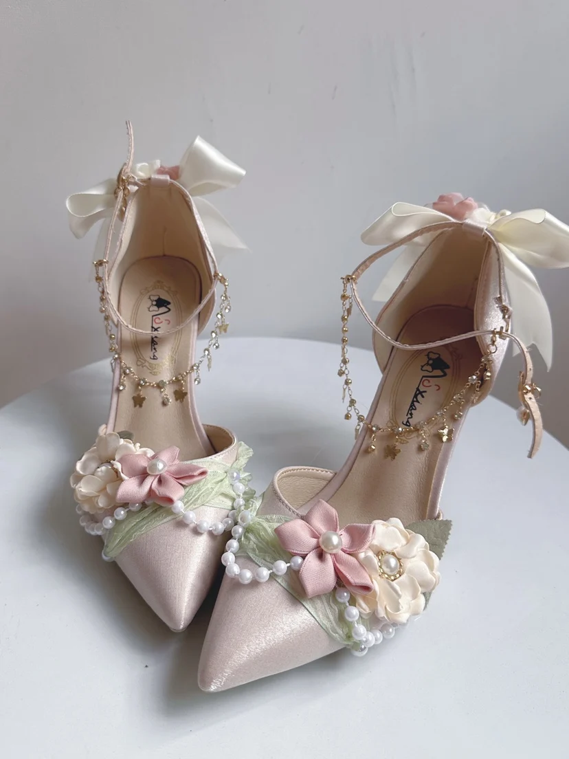 Original Sweet Lolita High Heels Girl Lolita Shoes Summer Fairy Elegant Wedding Shoes Pointed Loli Tea Party Single Shoes